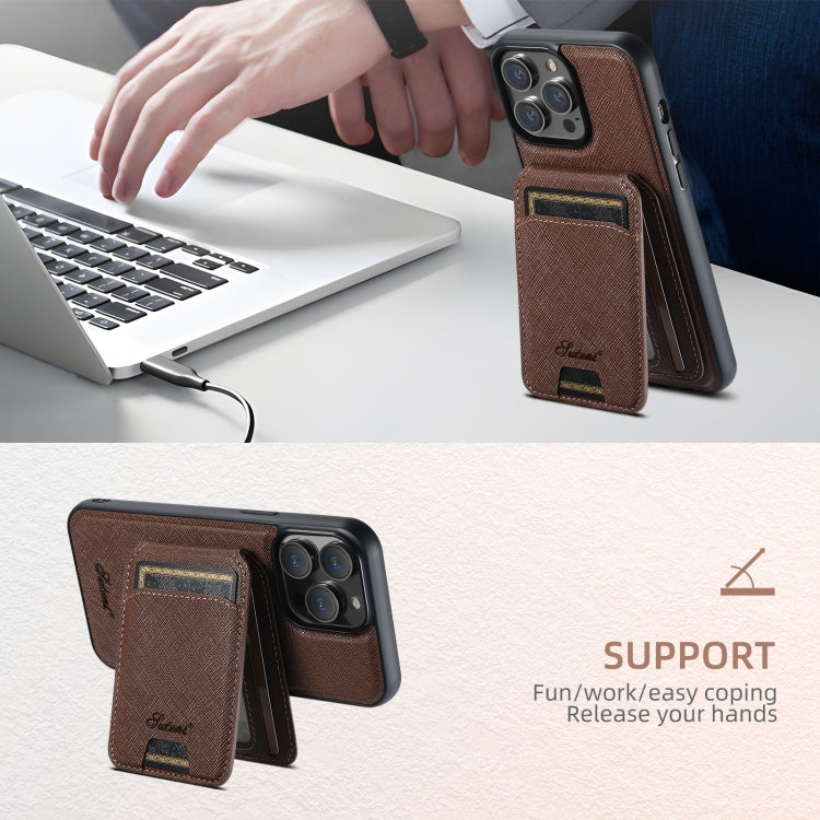 For iPhone 14 Suteni H18 Cross Grain MagSafe Wallet Leather Phone Case(Brown)
