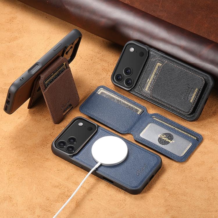For iPhone 16 Plus Suteni H18 Cross Grain MagSafe Wallet Leather Phone Case(Black)