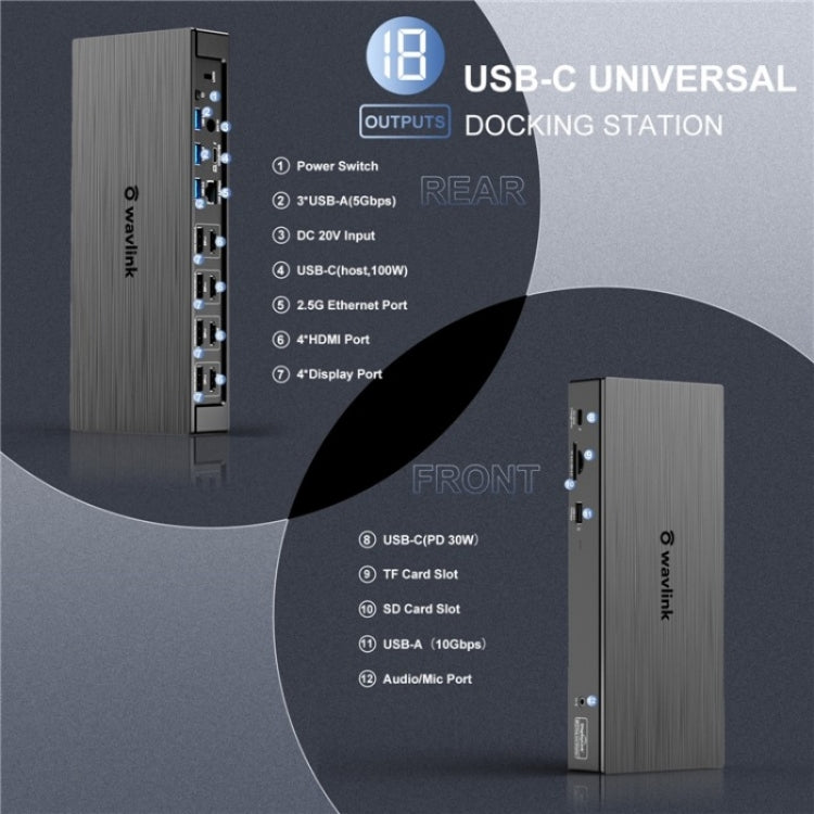 WAVLINK UG69PD8 Pro 18-in-1 DP / HD 5K Quadruple Display USB C Universal Docking Station, Plug:EU Plug