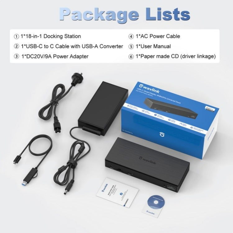 WAVLINK UG69PD8 Pro 18-in-1 DP / HD 5K Quadruple Display USB C Universal Docking Station, Plug:US Plug