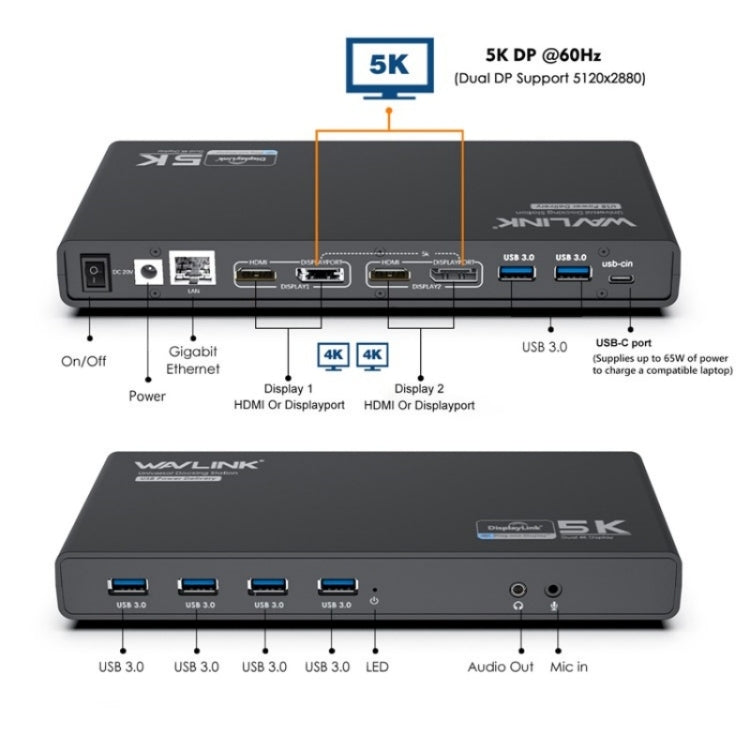 WAVLINK UG69PD6 Dual 4K Laptop Docking Station 5K HD Displaylink 65 / 100W PD Charging, Plug:EU Plug