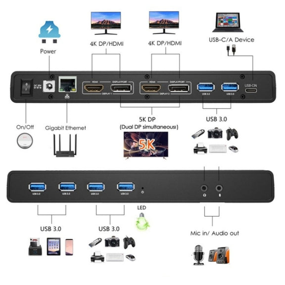 WAVLINK UG69PD6 Dual 4K Laptop Docking Station 5K HD Displaylink 65 / 100W PD Charging, Plug:EU Plug