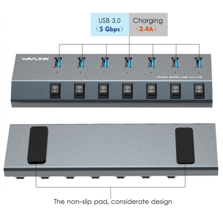 WAVLINK UH3076 5Gbps 7-port USB 3.0 Hub with Independent Switch and LED Indicator(EU Plug)