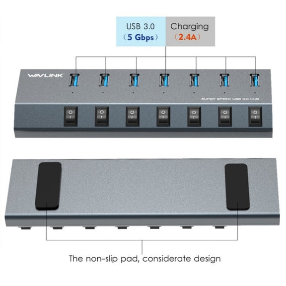 WAVLINK UH3076 5Gbps 7-port USB 3.0 Hub with Independent Switch and LED Indicator(EU Plug)