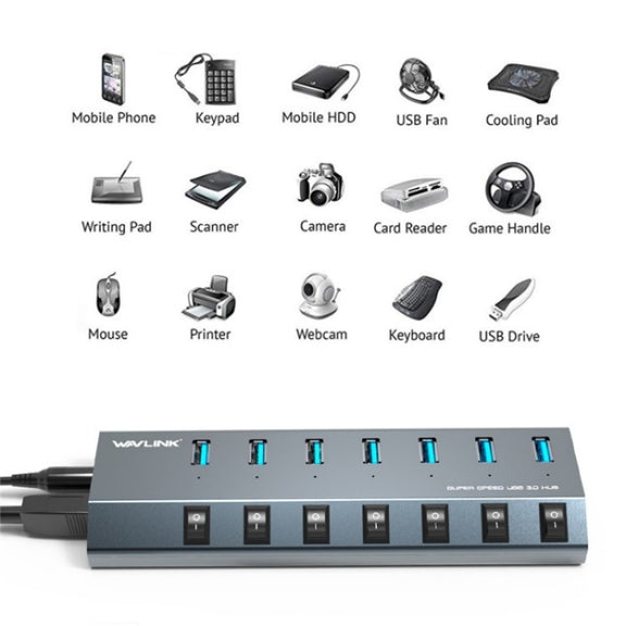 WAVLINK UH3076 5Gbps 7-port USB 3.0 Hub with Independent Switch and LED Indicator(EU Plug)