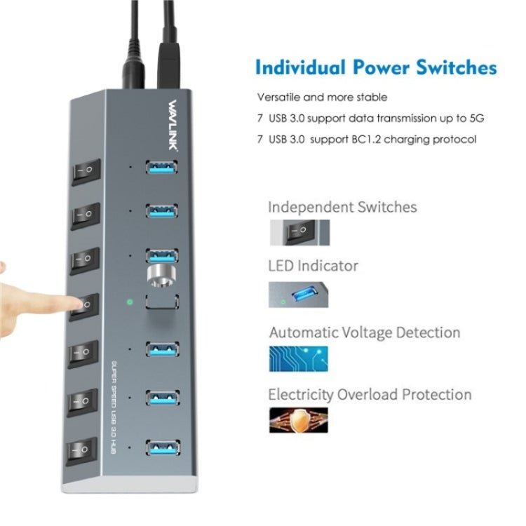 WAVLINK UH3076 5Gbps 7-port USB 3.0 Hub with Independent Switch and LED Indicator(US Plug)