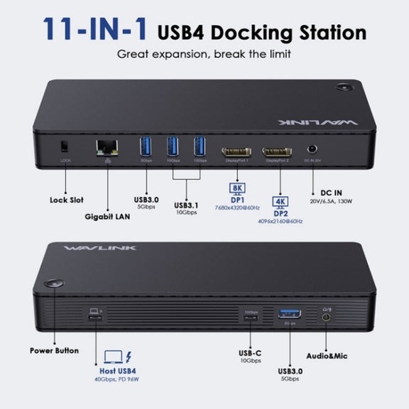 WAVLINK UTD22 Support 96W Laptop Charging USB4 Docking Station Dual Monitor USB-C Hub(AU Plug)