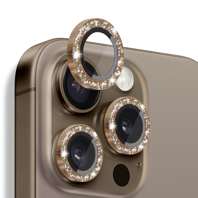 For iPhone 16 Pro / 16 Pro Max NORTHJO Glitter Camera Lens Protector Tempered Glass Metal Ring Film(Brown)