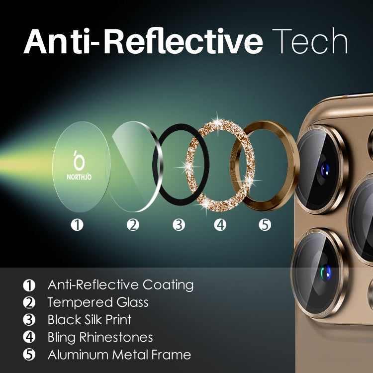 For iPhone 16 Pro / 16 Pro Max NORTHJO Glitter Camera Lens Protector Tempered Glass Metal Ring Film(Brown)