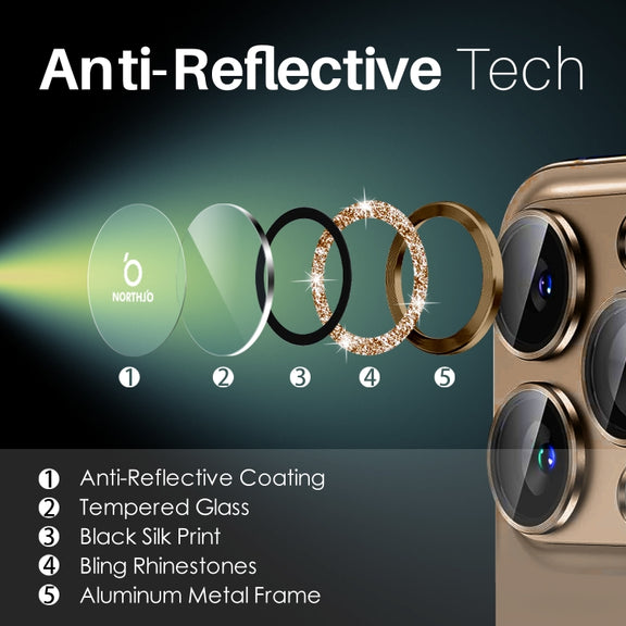 For iPhone 16 Pro / 16 Pro Max NORTHJO Glitter Camera Lens Protector Tempered Glass Metal Ring Film(Brown)