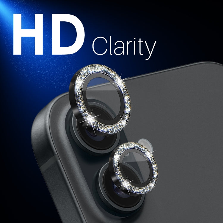 For iPhone 16 / 16 Plus NORTHJO Glitter Camera Lens Protector Tempered Glass Metal Ring Film(Black)