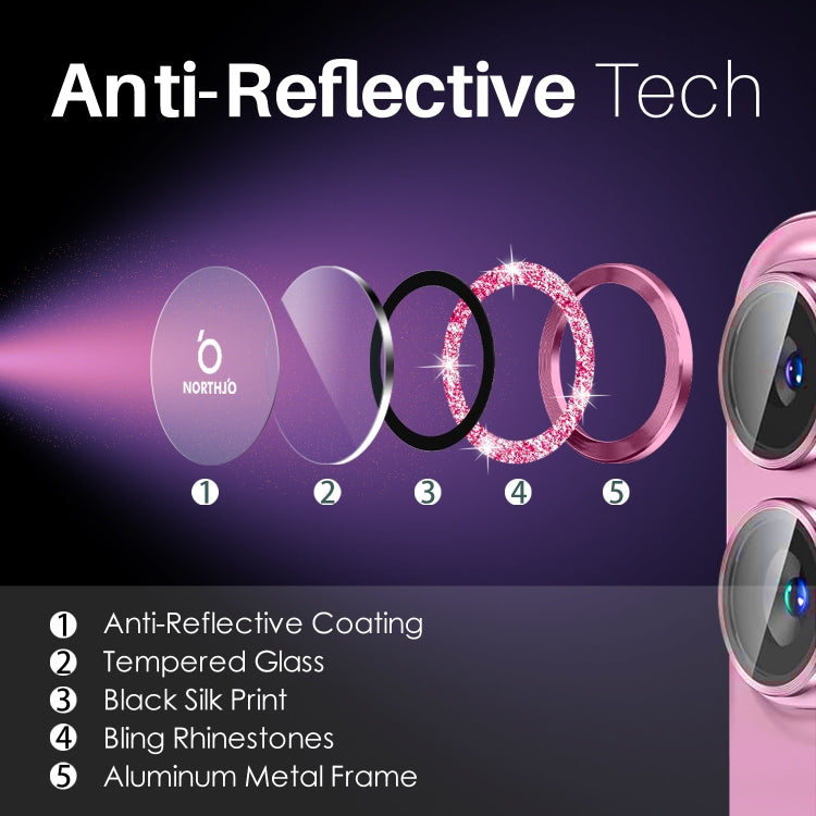 For iPhone 16 / 16 Plus NORTHJO Glitter Camera Lens Protector Tempered Glass Metal Ring Film(Rose)