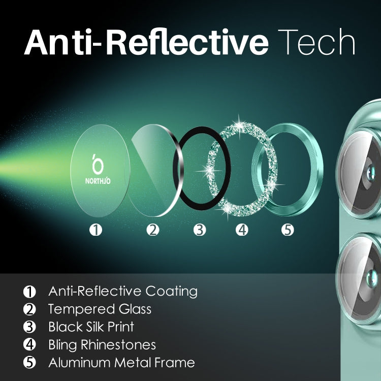 For iPhone 16 / 16 Plus NORTHJO Glitter Camera Lens Protector Tempered Glass Metal Ring Film(Cyan)