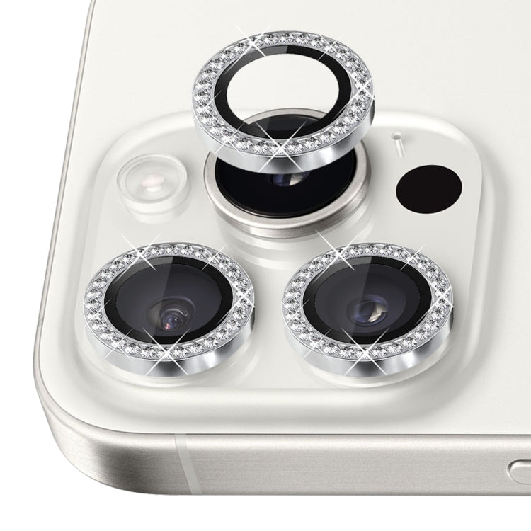 For iPhone 16 Pro / 16 Pro Max NORTHJO Rhinestone Camera Lens Protector Tempered Glass Metal Ring Film(Silver)