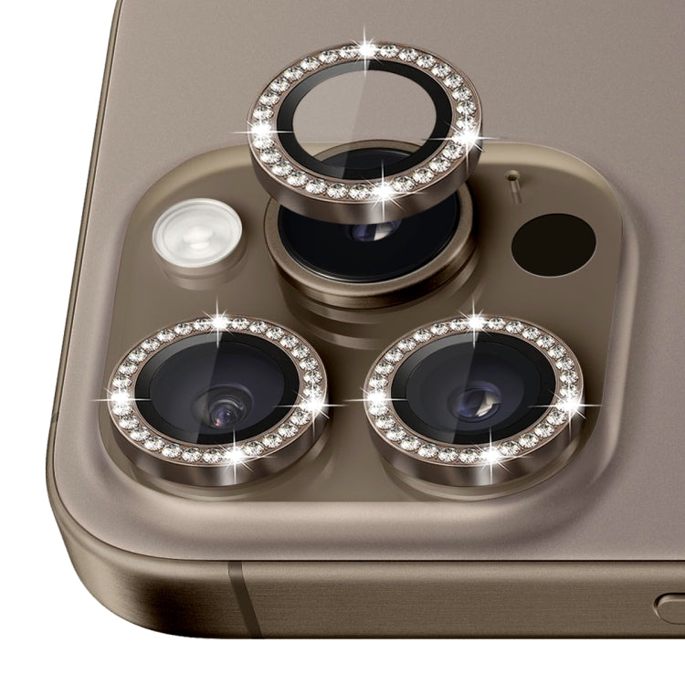 For iPhone 16 Pro / 16 Pro Max NORTHJO Rhinestone Camera Lens Protector Tempered Glass Metal Ring Film(Brown)