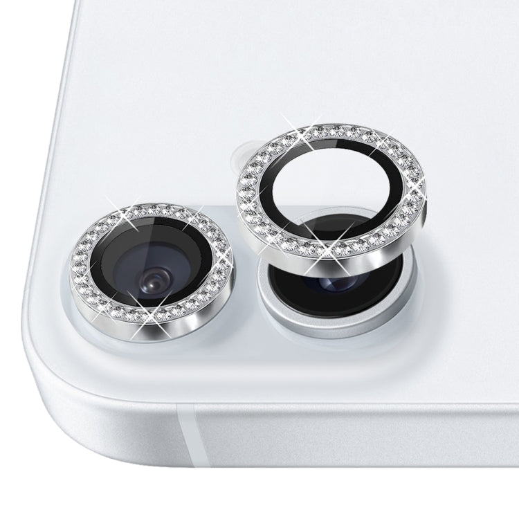 For iPhone 16 / 16 Plus NORTHJO Rhinestone Camera Lens Protector Tempered Glass Metal Ring Film(Silver)