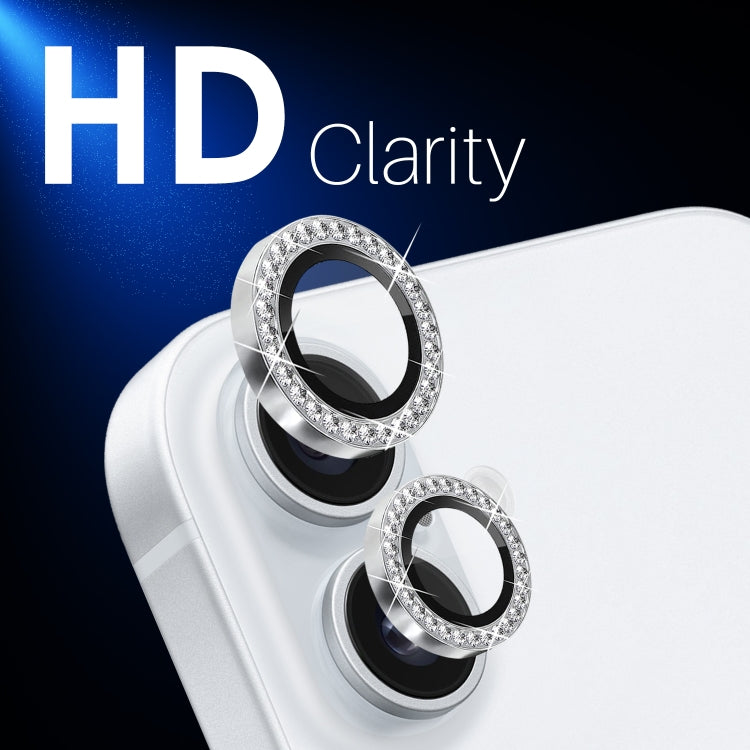 For iPhone 16 / 16 Plus NORTHJO Rhinestone Camera Lens Protector Tempered Glass Metal Ring Film(Silver)