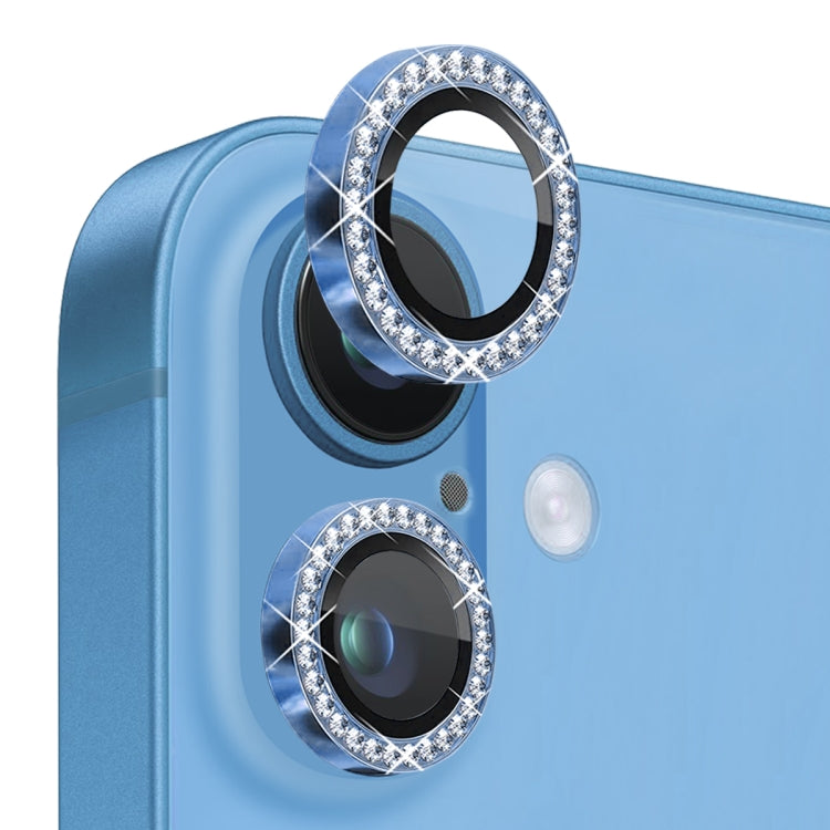 For iPhone 16 / 16 Plus NORTHJO Rhinestone Camera Lens Protector Tempered Glass Metal Ring Film(Blue)