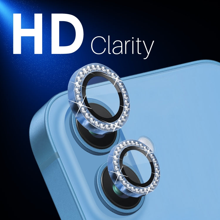 For iPhone 16 / 16 Plus NORTHJO Rhinestone Camera Lens Protector Tempered Glass Metal Ring Film(Blue)