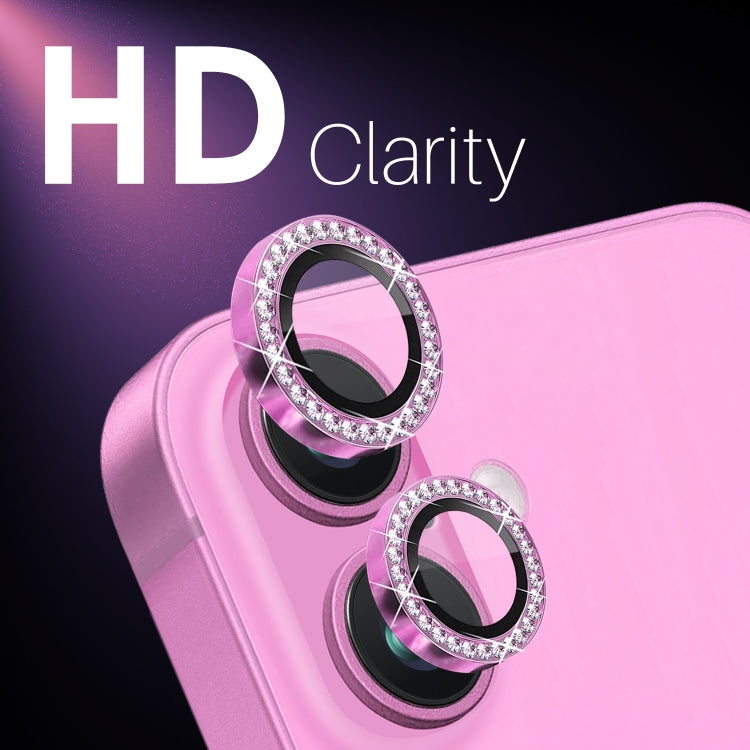 For iPhone 16 / 16 Plus NORTHJO Rhinestone Camera Lens Protector Tempered Glass Metal Ring Film(Rose)