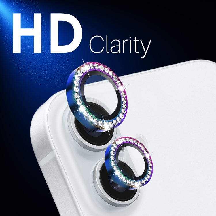 For iPhone 16 / 16 Plus NORTHJO Rhinestone Camera Lens Protector Tempered Glass Metal Ring Film(Colorful)