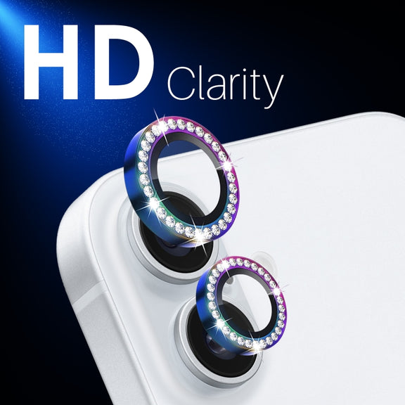 For iPhone 16 / 16 Plus NORTHJO Rhinestone Camera Lens Protector Tempered Glass Metal Ring Film(Colorful)