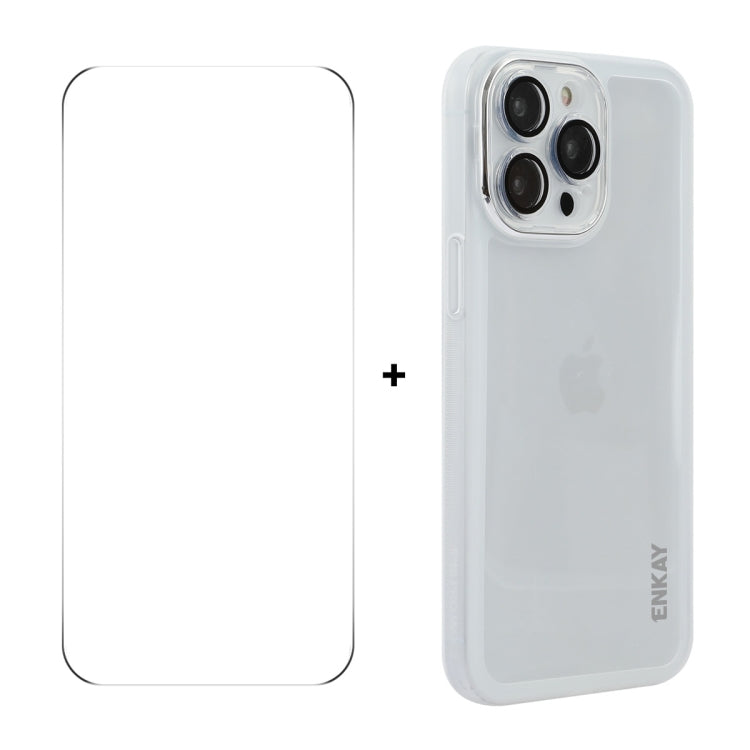 For iPhone 16 Pro Max ENKAY Hat-Prince Translucent Matte TPU Phone Case with Lens Film + 9H Big Arc Edge Film(White)
