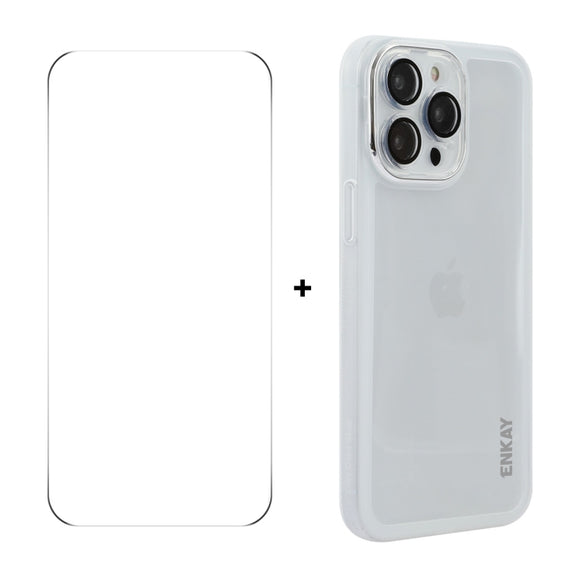For iPhone 16 Pro Max ENKAY Hat-Prince Translucent Matte TPU Phone Case with Lens Film + 9H Big Arc Edge Film(White)