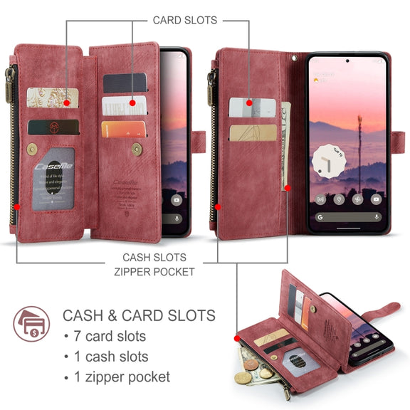 For Google Pixel 9 / 9 Pro CaseMe C30 Card Slots Zipper Wallet Leather Phone Case(Wine Red)