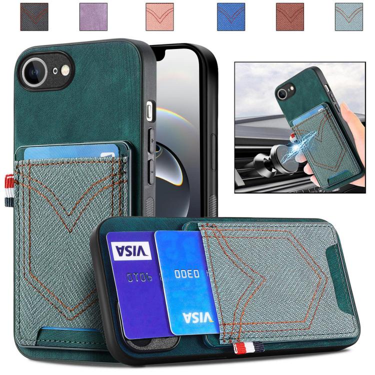 For iPhone 16e Denim Texture Leather Skin Phone Case with Card Slot(Green)