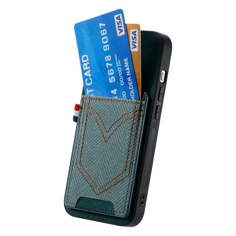 For iPhone 16e Denim Texture Leather Skin Phone Case with Card Slot(Green)