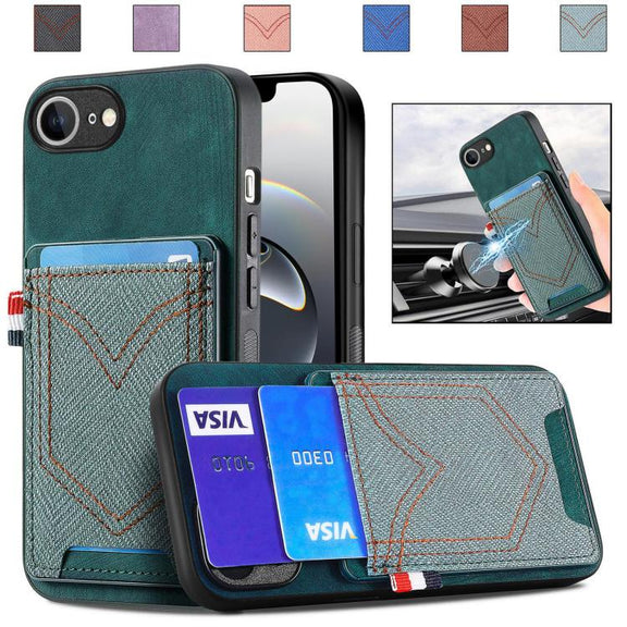 For iPhone 16e Denim Texture Leather Skin Phone Case with Card Slot(Green)