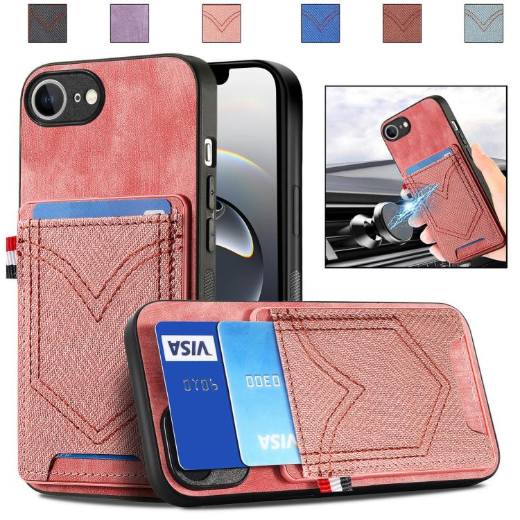 For iPhone 16e Denim Texture Leather Skin Phone Case with Card Slot(Pink)