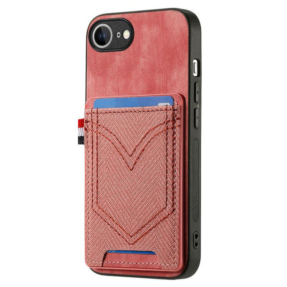 For iPhone 16e Denim Texture Leather Skin Phone Case with Card Slot(Pink)