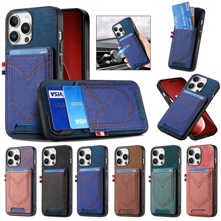 For iPhone 16e Denim Texture Leather Skin Phone Case with Card Slot(Green)