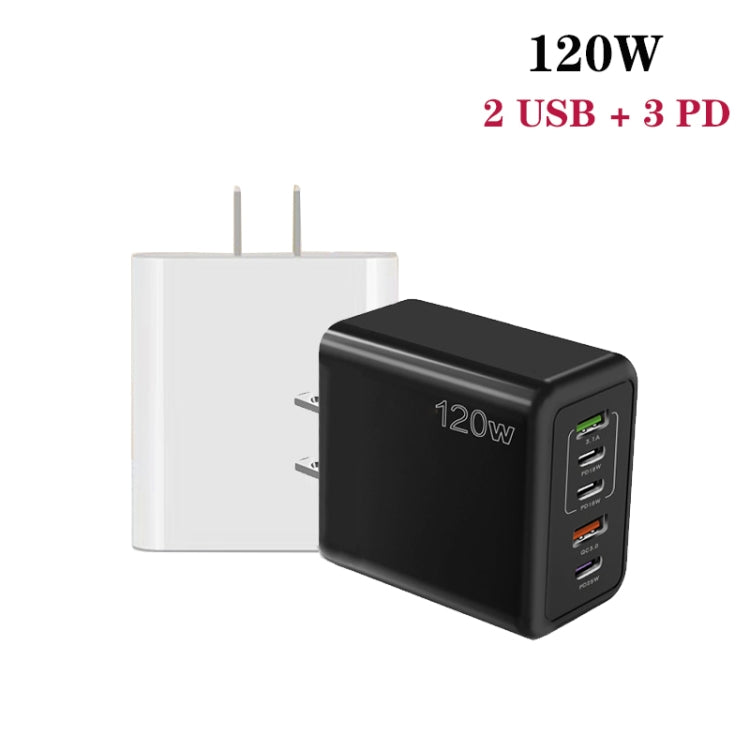 120W 3 PD Type-C Dual USB Multi Port Quick Charger for Mobile Phones, US Plug(Black)