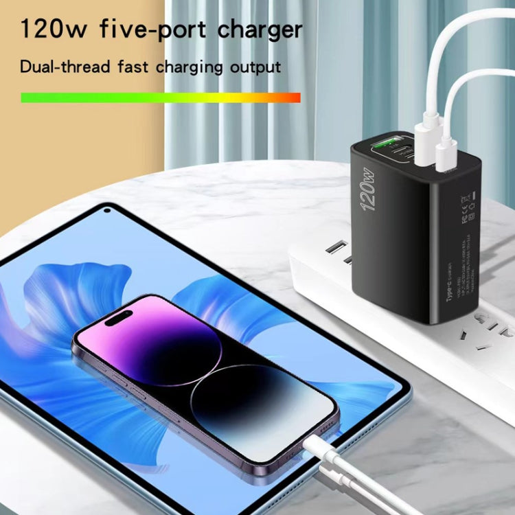 120W 3 PD Type-C Dual USB Multi Port Quick Charger for Mobile Phones, US Plug(Black)