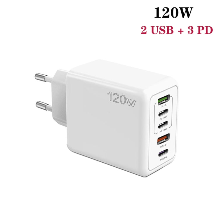 120W 3 PD Type-C Dual USB Multi Port Charger for Mobile Phones, EU Plug(WHite)