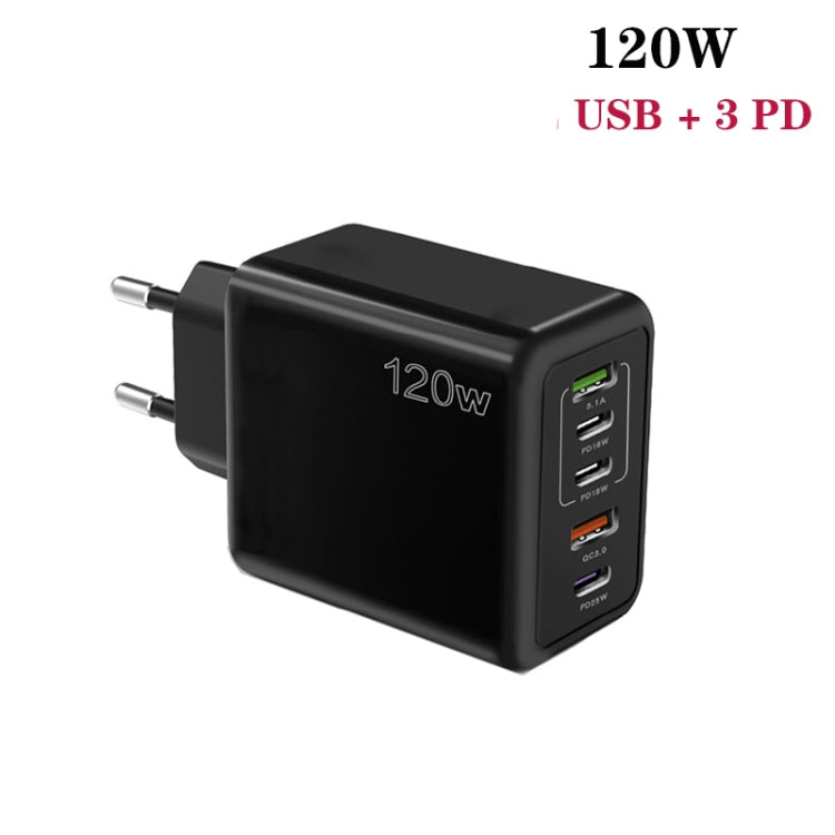 120W 3 PD Type-C Dual USB Multi Port Charger for Mobile Phones, EU Plug(Black)