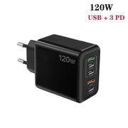 120W 3 PD Type-C Dual USB Multi Port Charger for Mobile Phones, EU Plug(Black)