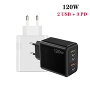 120W 3 PD Type-C Dual USB Multi Port Charger for Mobile Phones, EU Plug(Black)