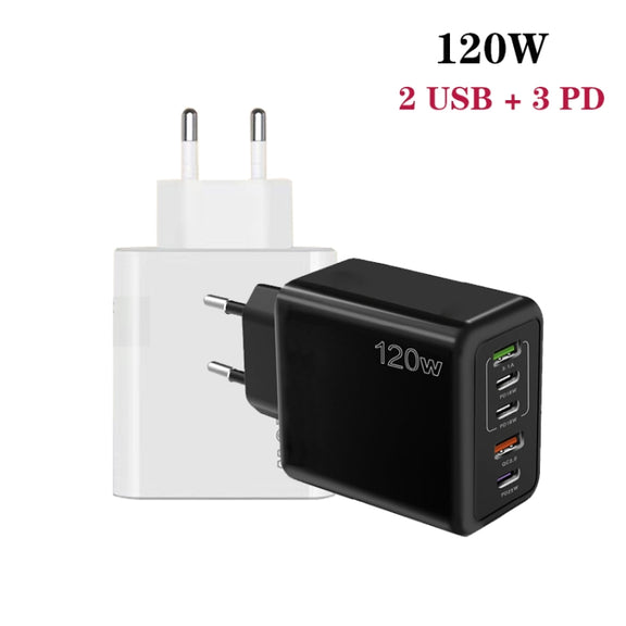 120W 3 PD Type-C Dual USB Multi Port Charger for Mobile Phones, EU Plug(Black)
