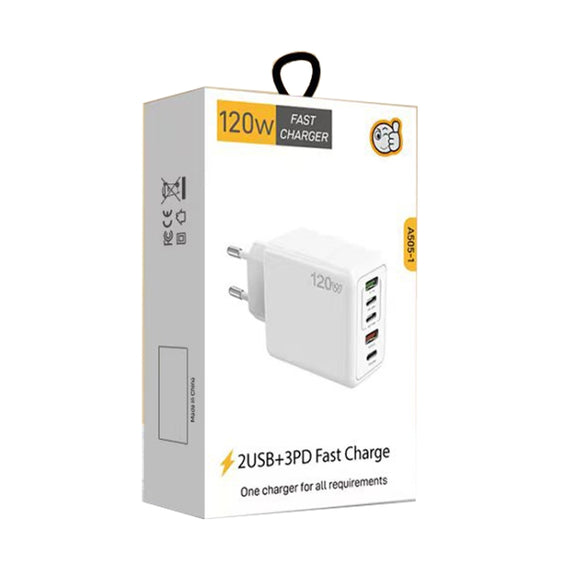 120W 3 PD Type-C Dual USB Multi Port Charger for Mobile Phones, EU Plug(WHite)
