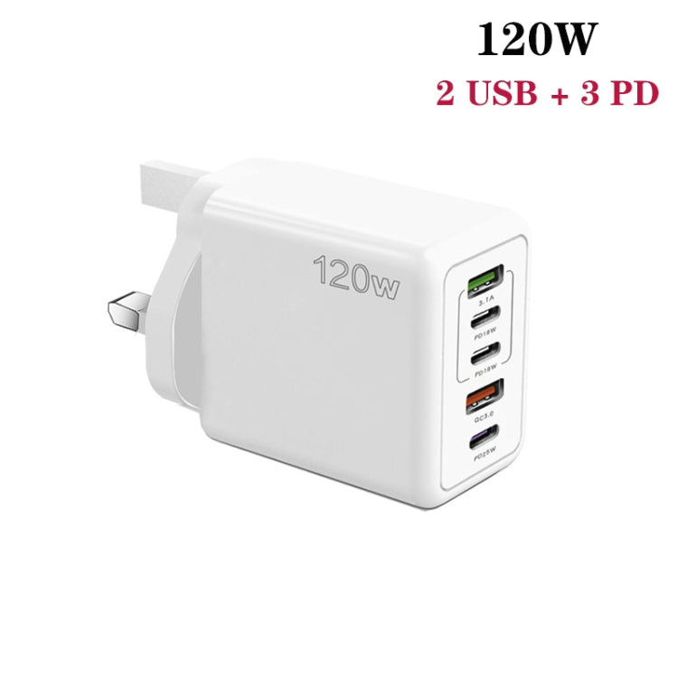 120W 3 PD Type-C Dual USB Multi Port Charger for Mobile Phones, UK Plug(White)