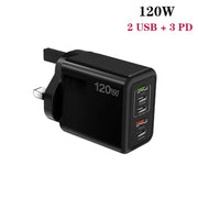 120W 3 PD Type-C Dual USB Multi Port Charger for Mobile Phones, UK Plug(Black)