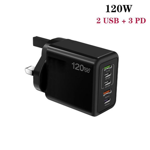 120W 3 PD Type-C Dual USB Multi Port Charger for Mobile Phones, UK Plug(Black)