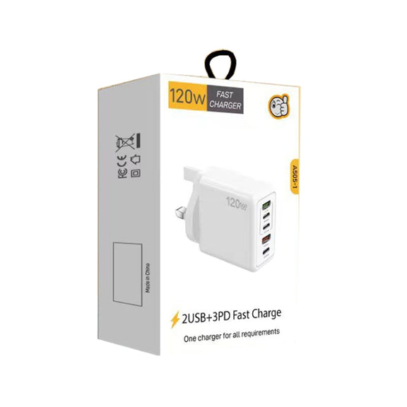 120W 3 PD Type-C Dual USB Multi Port Charger for Mobile Phones, UK Plug(Black)
