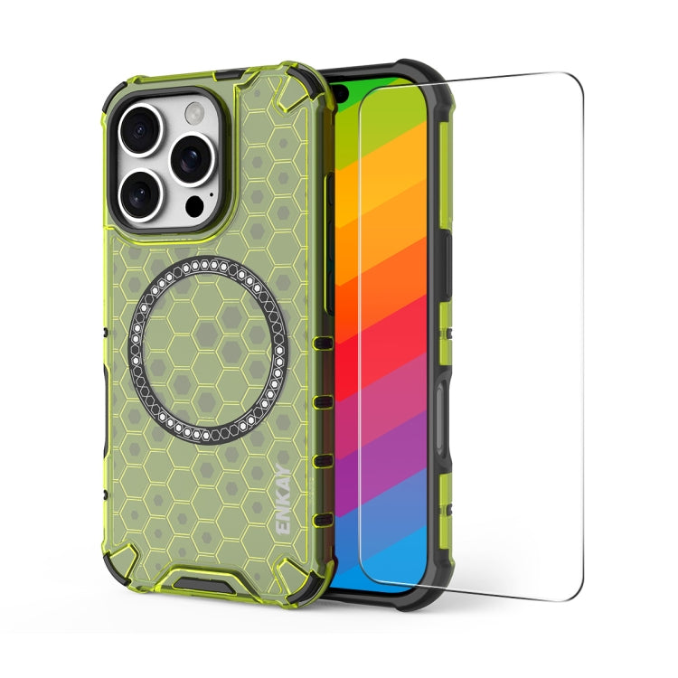 For iPhone 16 Pro Max ENKAY Hat-Prince Honeycomb MagSafe Shockproof Phone Case with Large Arc Edge Film(Green)