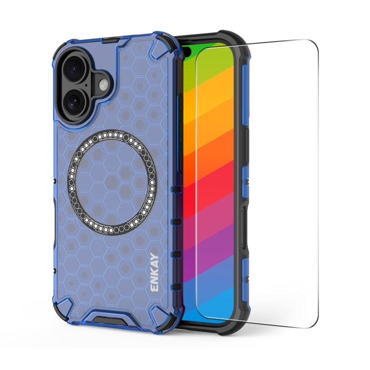 For iPhone 16 Plus ENKAY Hat-Prince Honeycomb MagSafe Shockproof Phone Case with Large Arc Edge Film(Blue)
