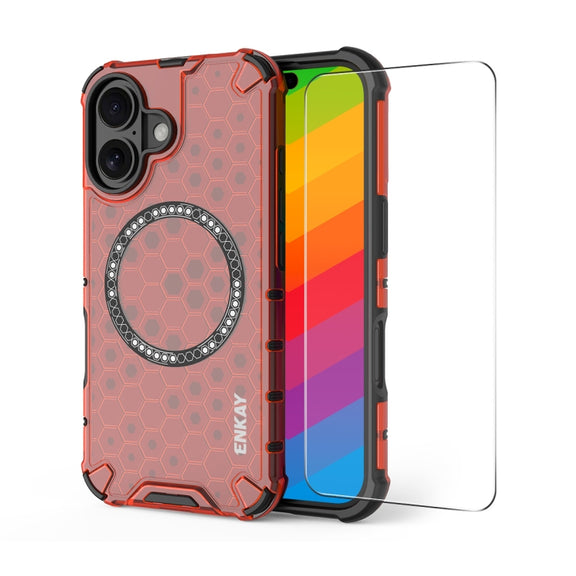 For iPhone 16 ENKAY Hat-Prince Honeycomb MagSafe Shockproof Phone Case with Large Arc Edge Film(Red)